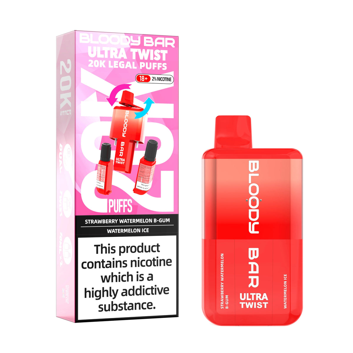 Strawberry Watermelon Bubblegum/Watermelon Ice - Bloody Bar Ultra Twist 20,000 Puffs Einweg-Vape