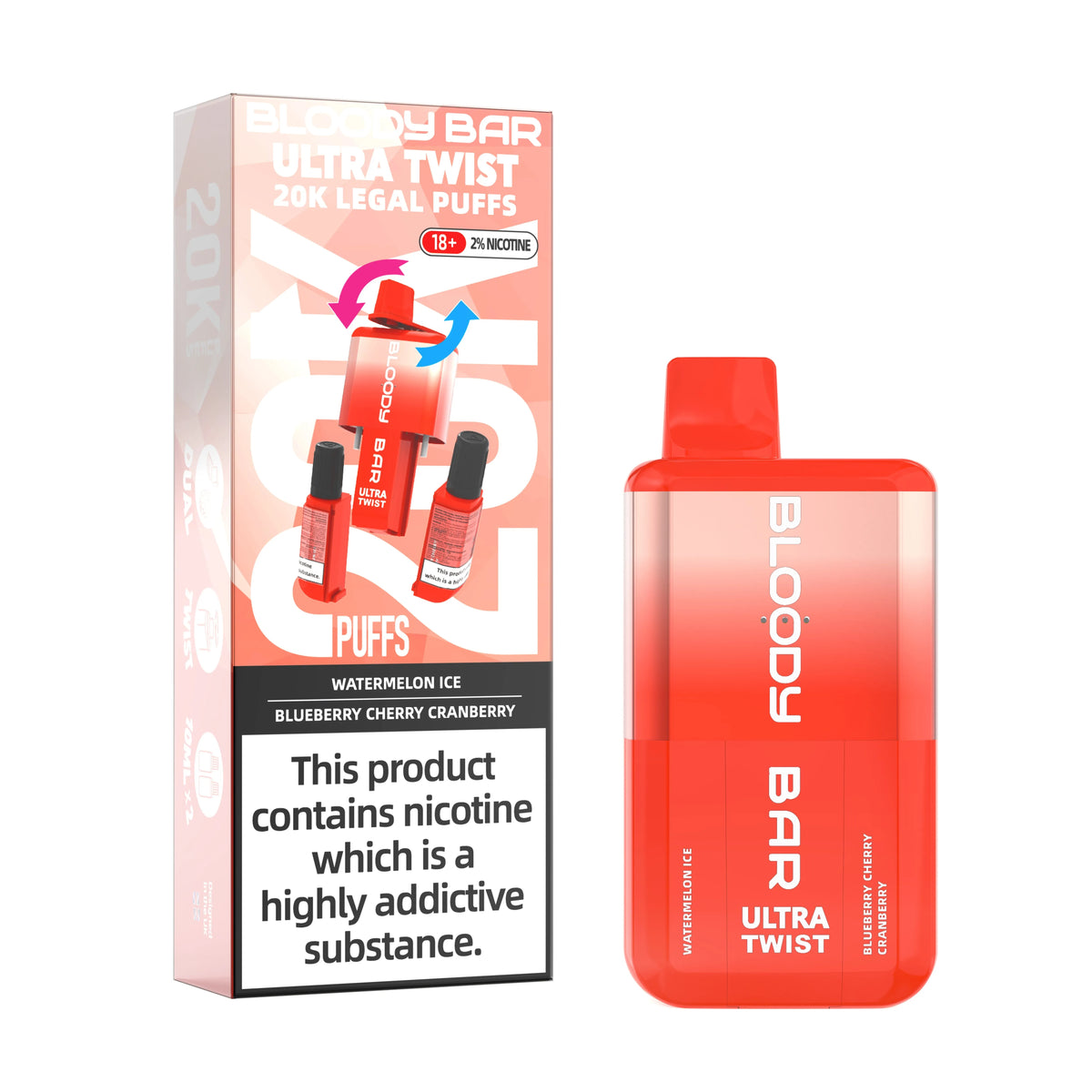 Watermelon Ice/Bluberry Cherry Cranberry - Bloody Bar Ultra Twist 20,000 Puffs Einweg-Vape